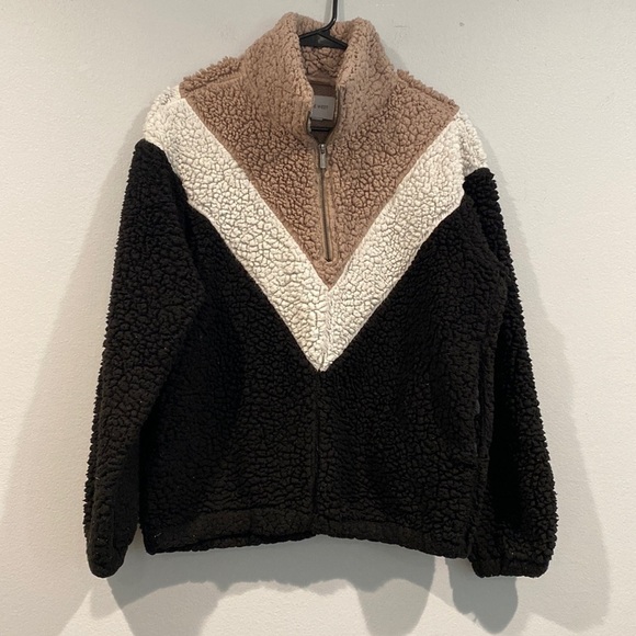 Nine West Jackets & Blazers - Nine West Black Cream and Tan Striped Sherpa Quarter Zip with Pockets Size Small